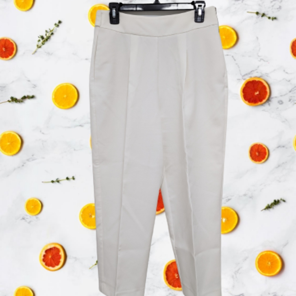 Zara Basic Women's White Pleated Capri Trouser Dress Pants Sz Medium Office Work